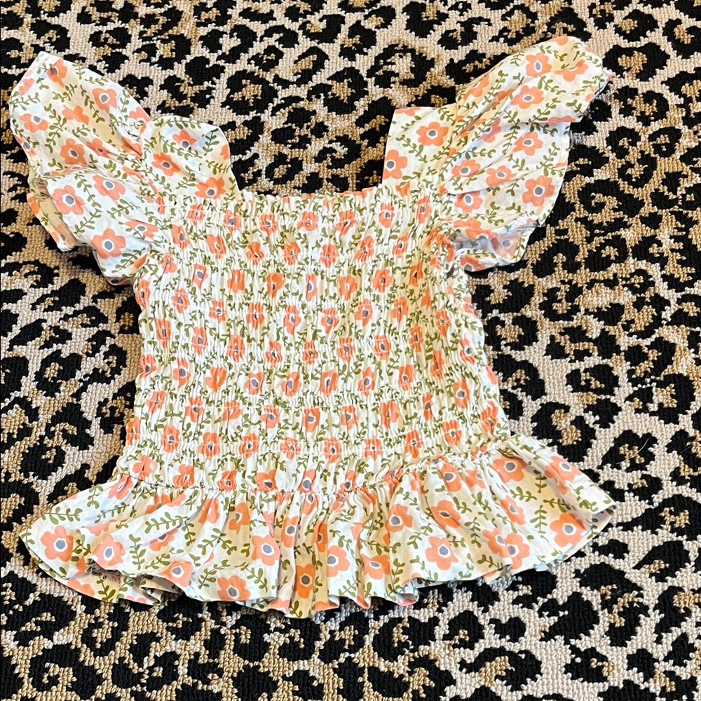Girls Floral Puff Sleeve Smocked Top